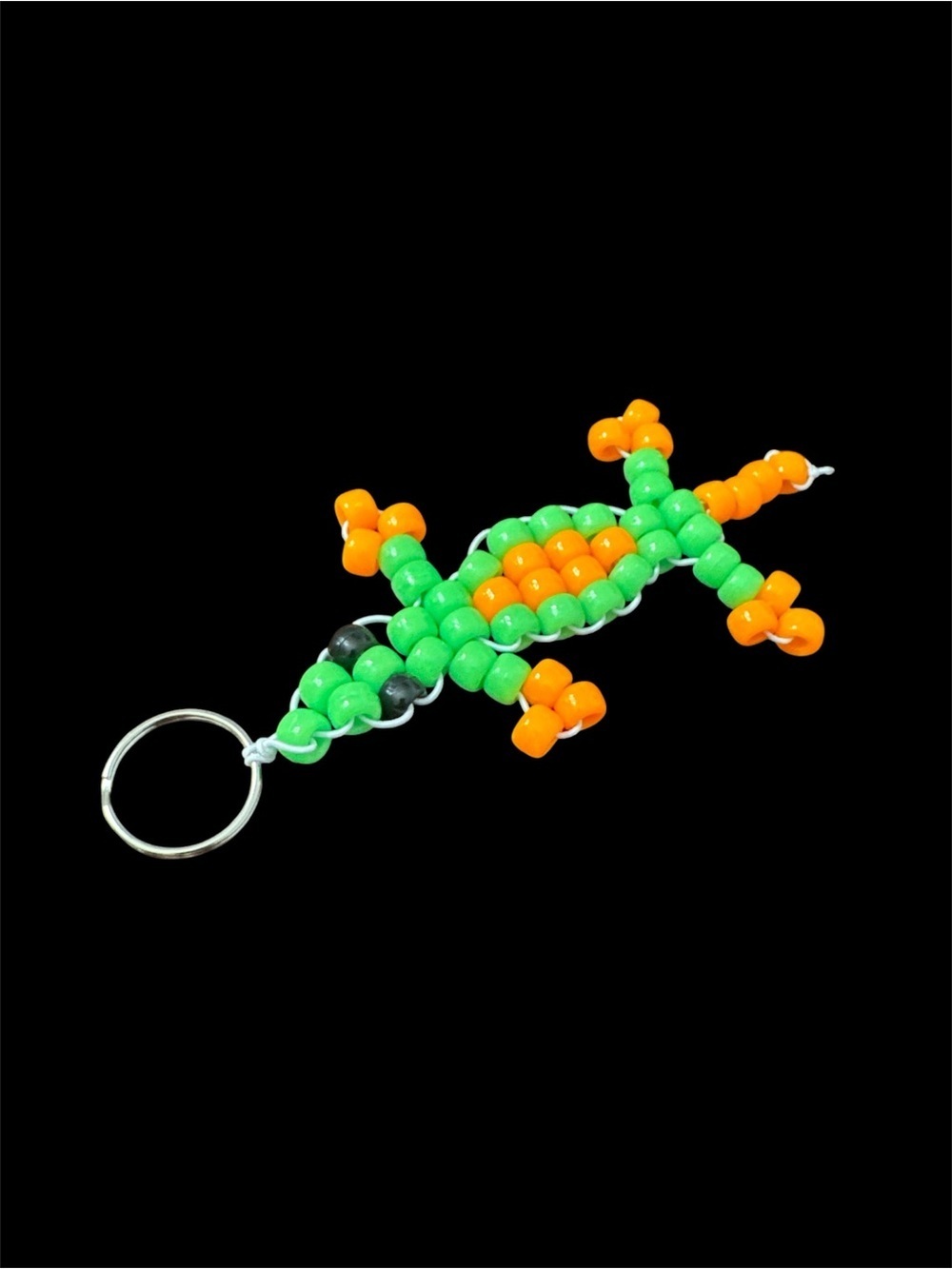 Handmade Beaded Lizard Keychain - Green & Orange